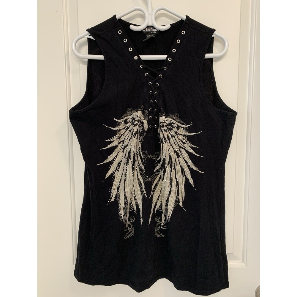 Y2K From Los Angeles by Bus Stop Tunic Top 2XL Rhinestone Angel Wings Goth Alt